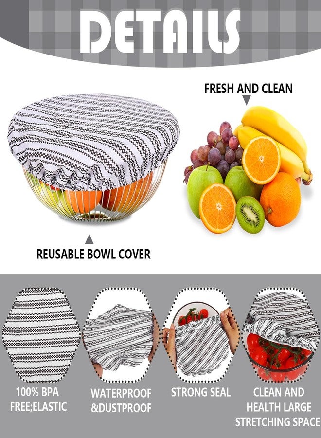 Whaline 10Pcs Bowl Covers Reusable In 5 Size Stretch Cloth Fabric Dish Cover Farmhouse Plaid Gray Ticking Stripe Lids for Food Fruits Leftover Storage - Image 3